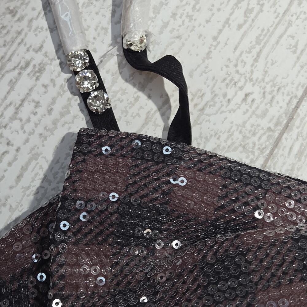 Johnny Wujek Sequin Crop Top Bow Front Zip Back Jrs Sz 11 Plaid Black Brown GLAM - Picture 15 of 15
